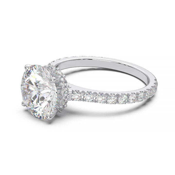 1.9 Carat Round Lab Grown Diamond Ring with Hidden Halo, Cathedral Setting, and Pave Band