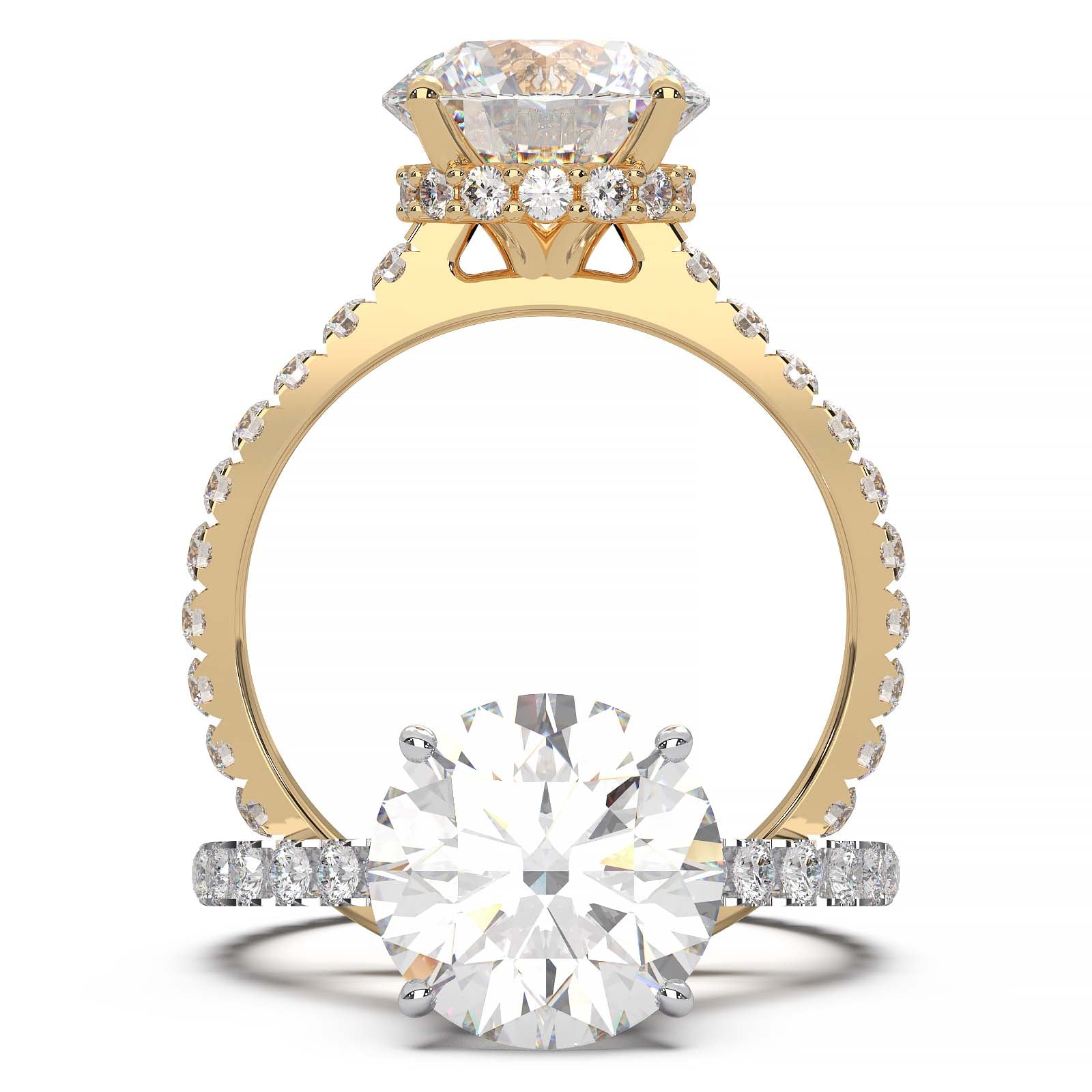 Round lab grown diamond ring with hidden halo, cathedral setting, and pave-set band.