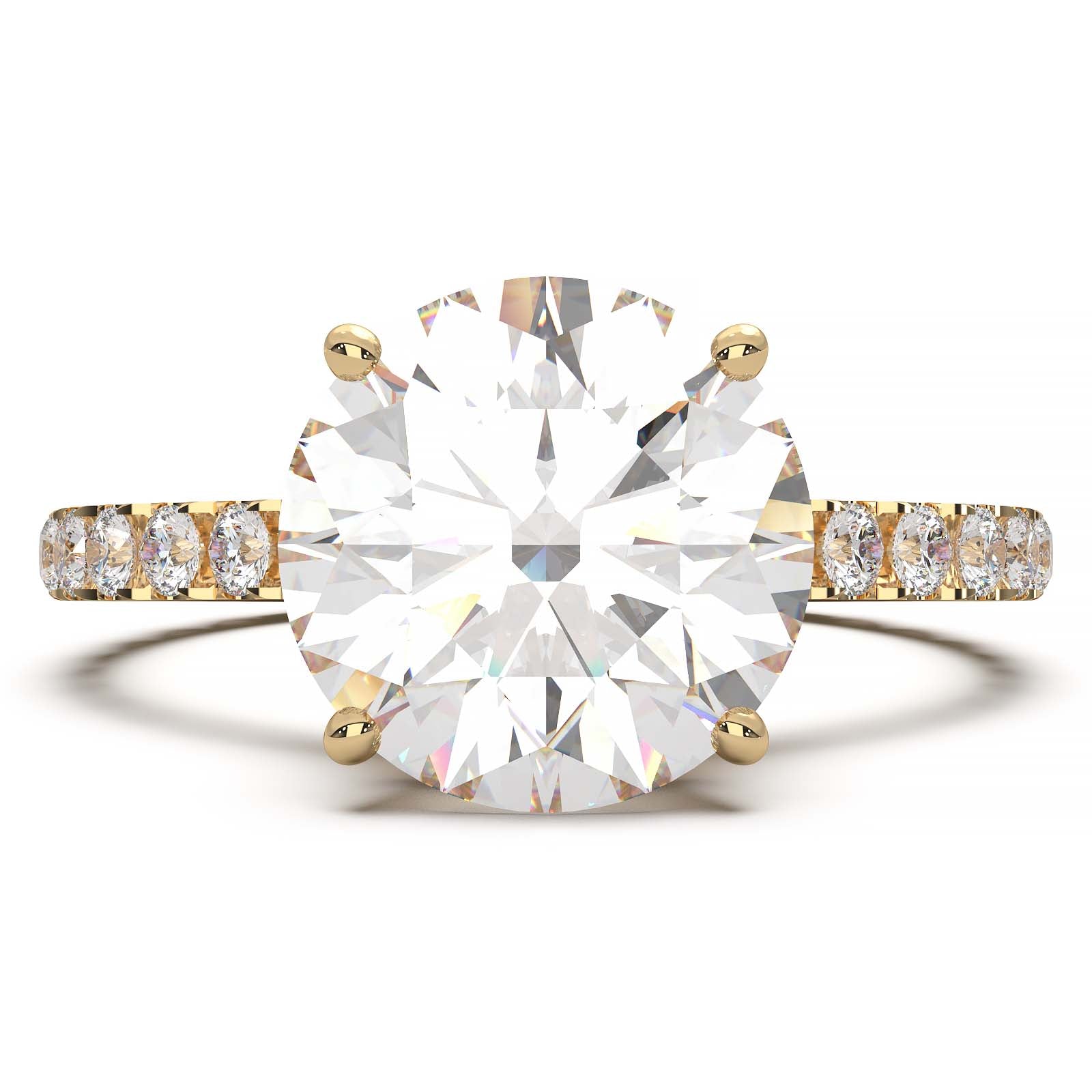 Round lab grown diamond ring with hidden halo, cathedral setting, and pave-set band.