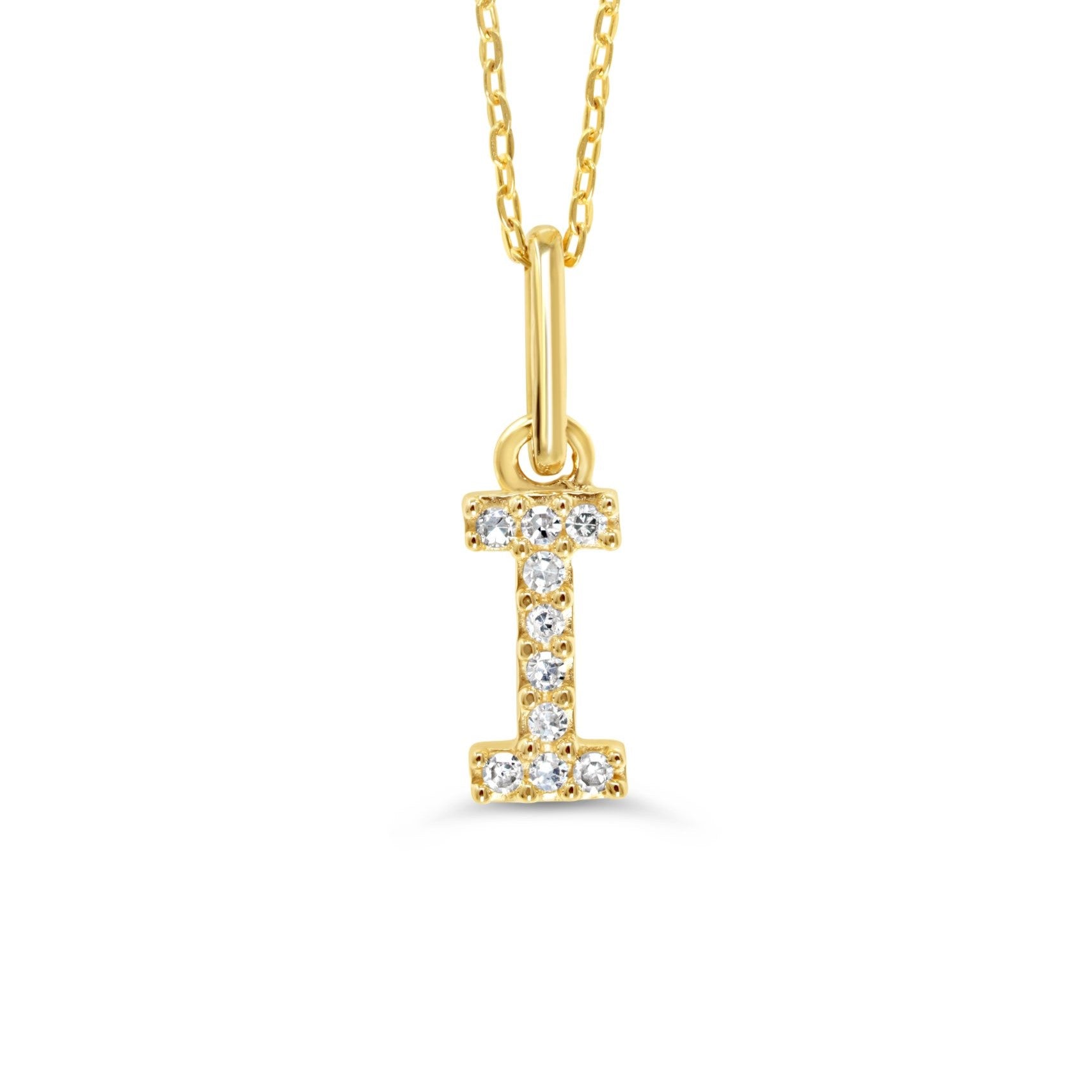 Yellow gold diamond "I" pendant necklace with 0.03CT diamonds and cable chain.