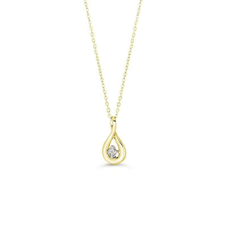 10K yellow gold figure-8 pendant necklace with a 0.05ct diamond on a delicate gold chain.