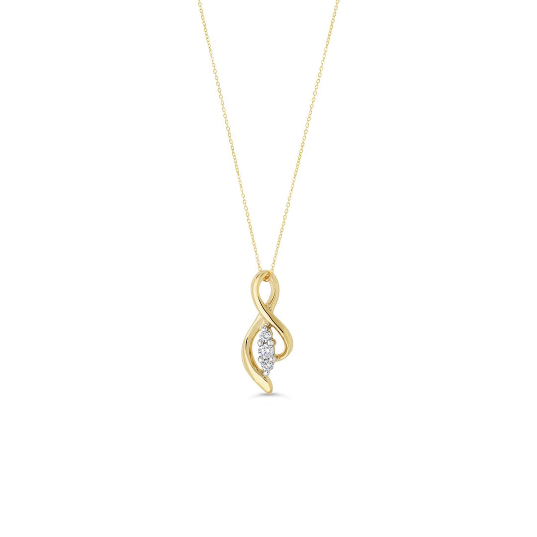 10K yellow gold open-side figure-8 pendant necklace with three natural diamonds (0.08ct) on a fine gold chain.