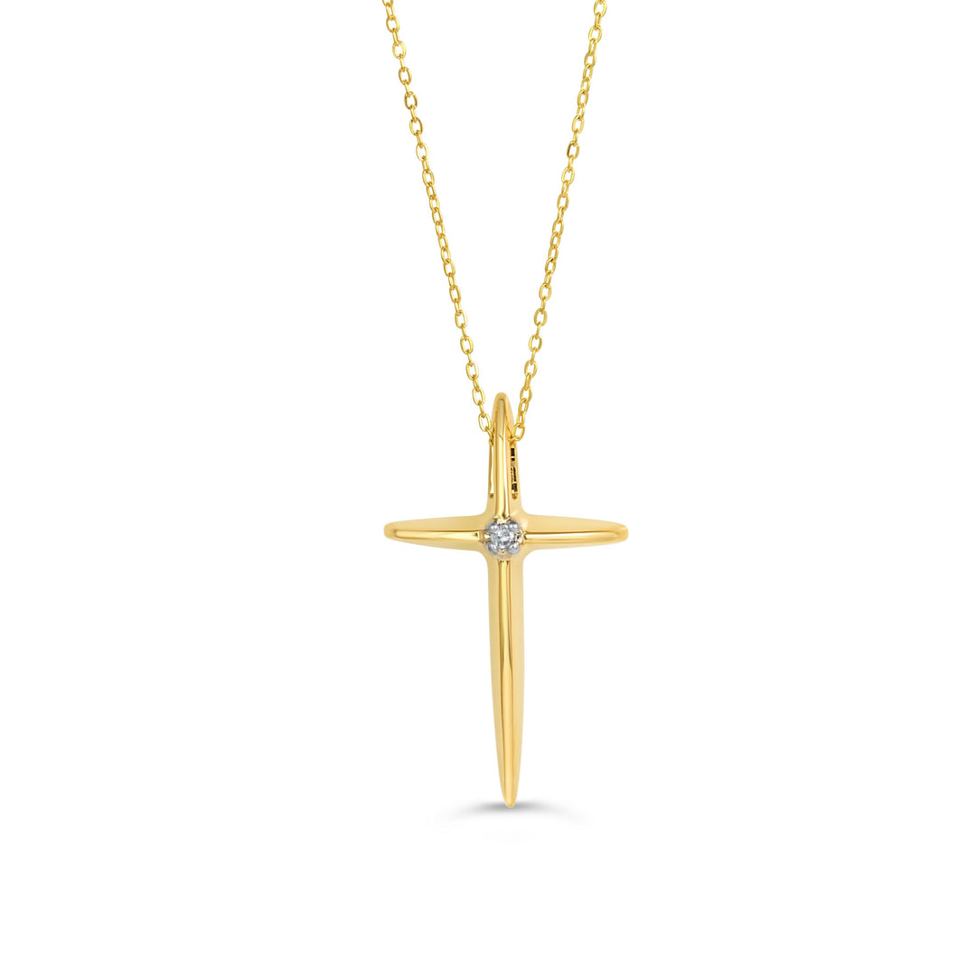 Yellow gold cross pendant necklace with a single diamond accent on a fine yellow gold chain.