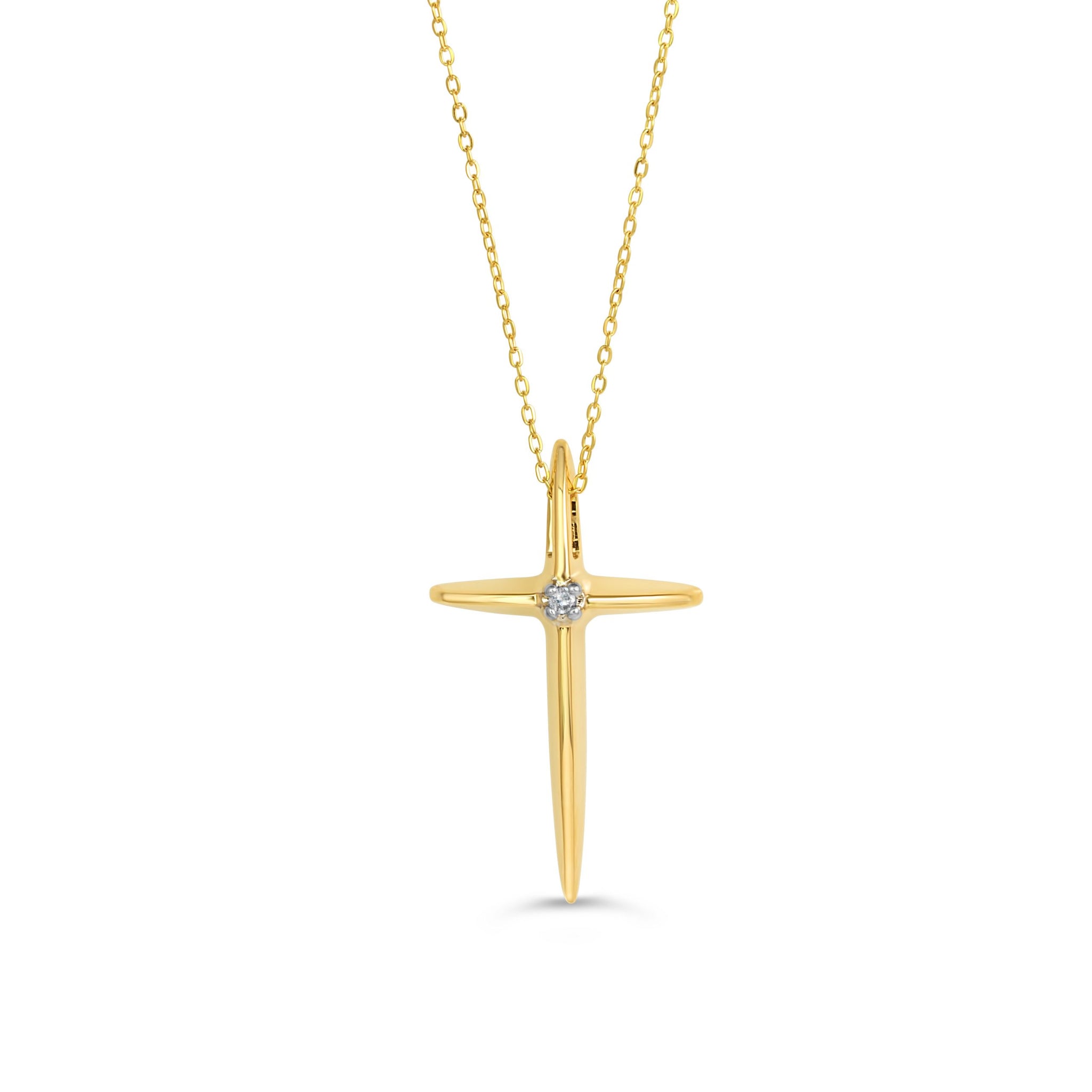 Yellow gold cross pendant necklace with a single diamond accent on a fine yellow gold chain.