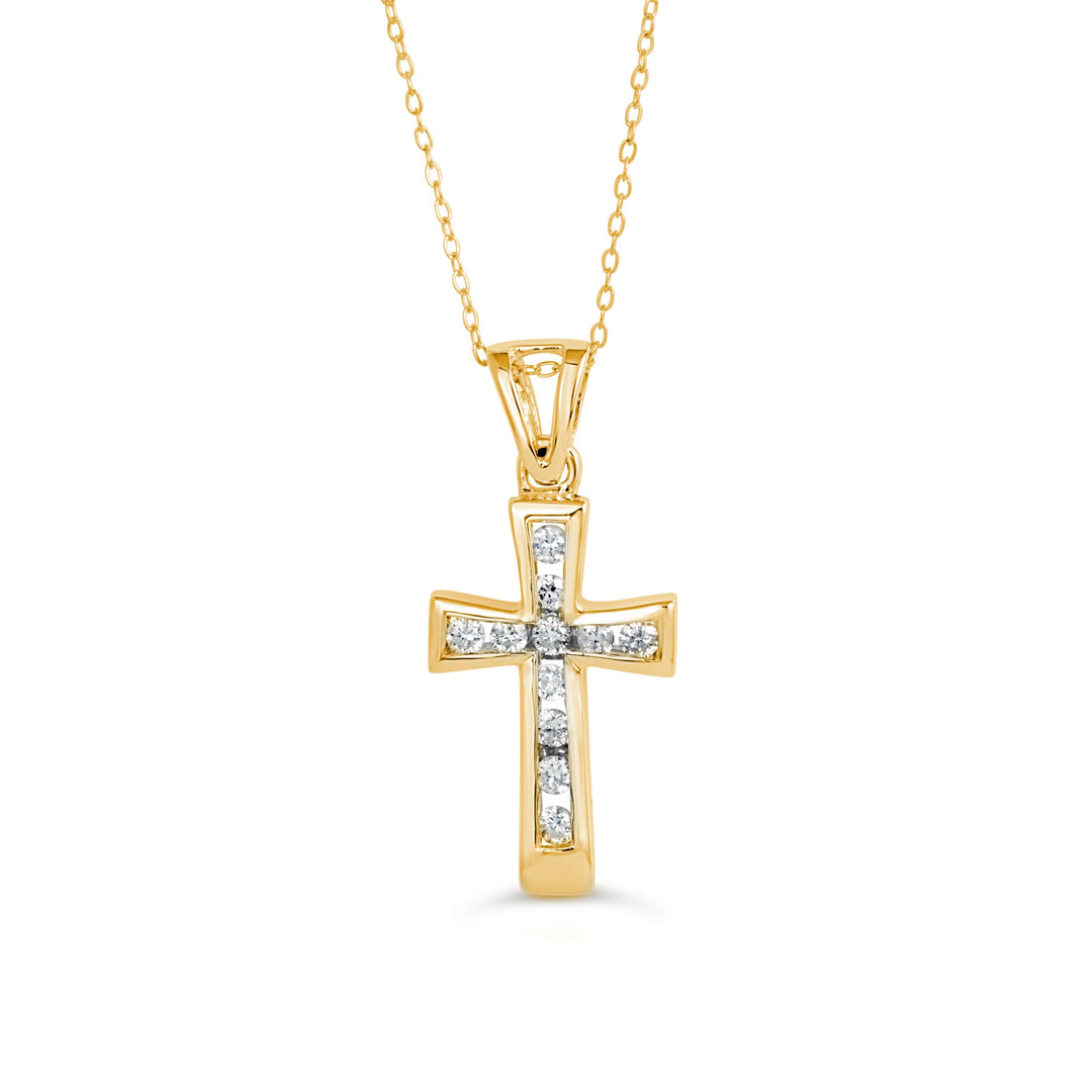 Yellow gold cross pendant with 0.13ct natural diamonds in a channel setting, suspended on a fine gold chain.