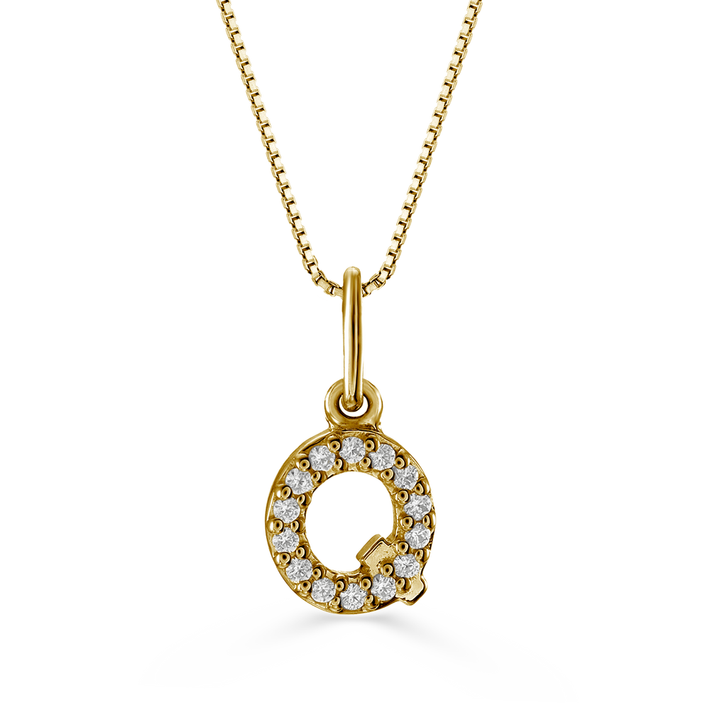 Yellow gold diamond "Q" pendant necklace with 0.04CT diamonds and cable chain.