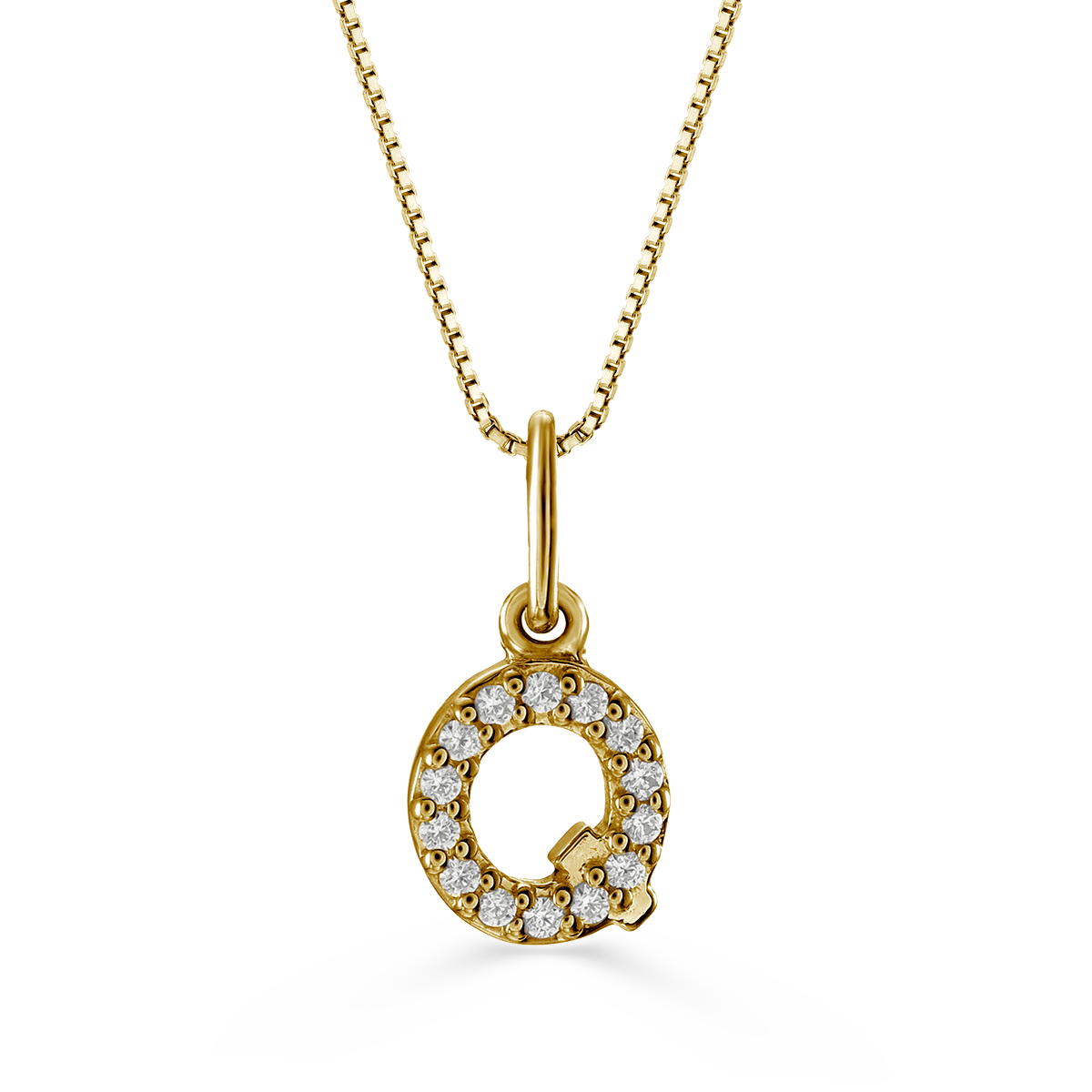 Yellow gold diamond "Q" pendant necklace with 0.04CT diamonds and cable chain.