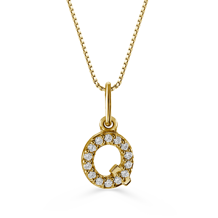 Yellow gold diamond "Q" pendant necklace with 0.04CT diamonds and cable chain.