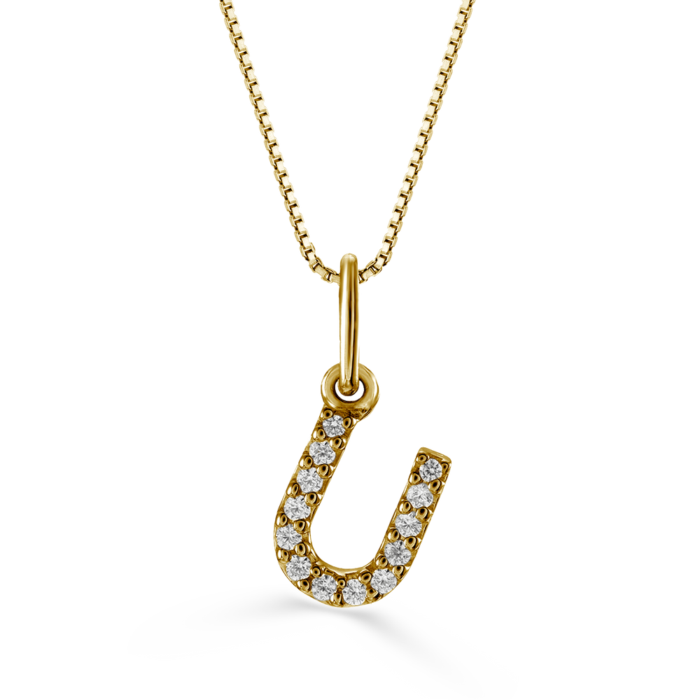 Yellow gold diamond "U" pendant necklace with 0.04CT diamonds and cable chain.