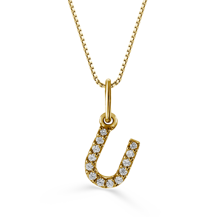 Yellow gold diamond "U" pendant necklace with 0.04CT diamonds and cable chain.