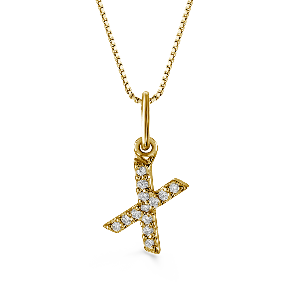 Yellow gold "X" initial pendant with 0.04CT diamonds and cable chain.