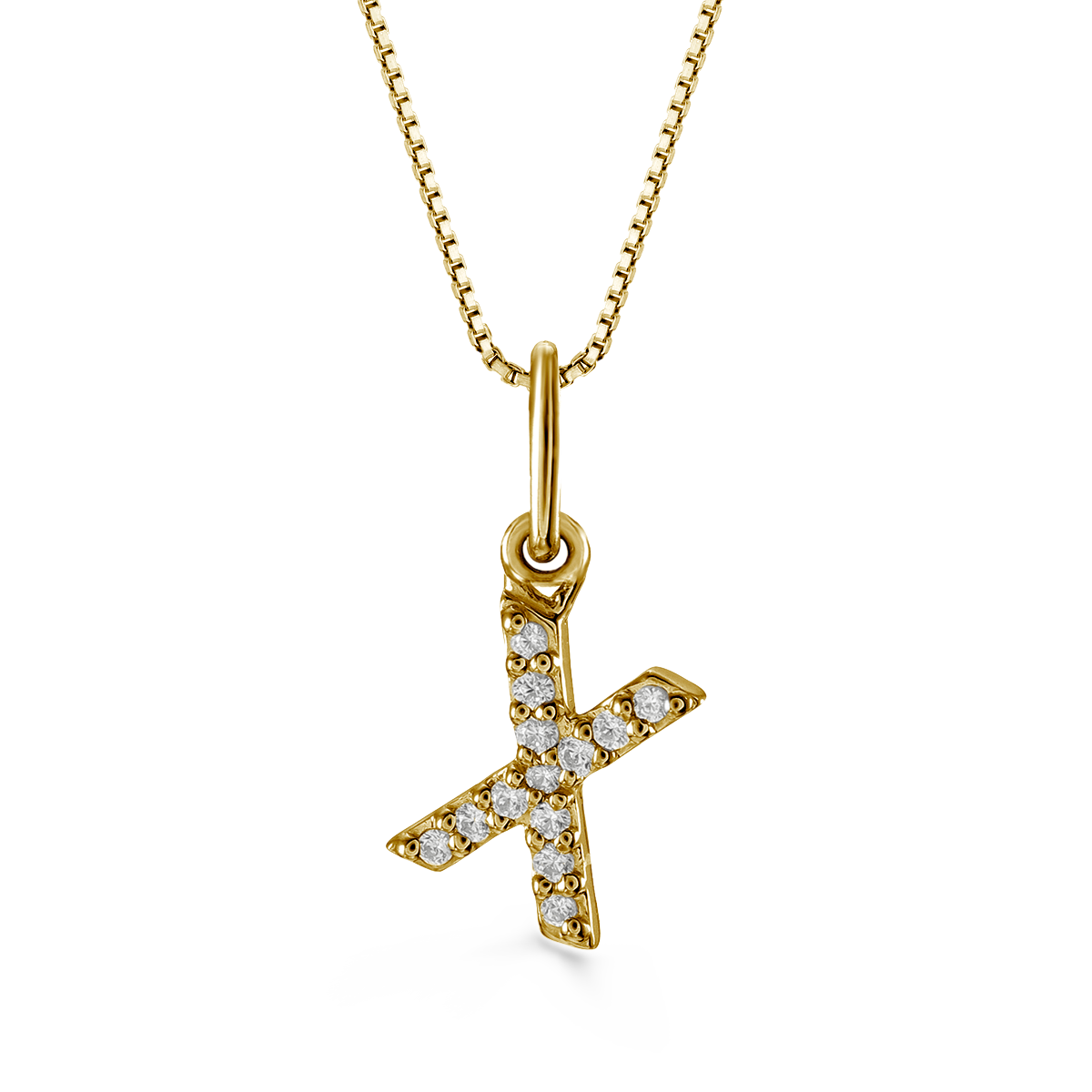 Yellow gold "X" initial pendant with 0.04CT diamonds and cable chain.