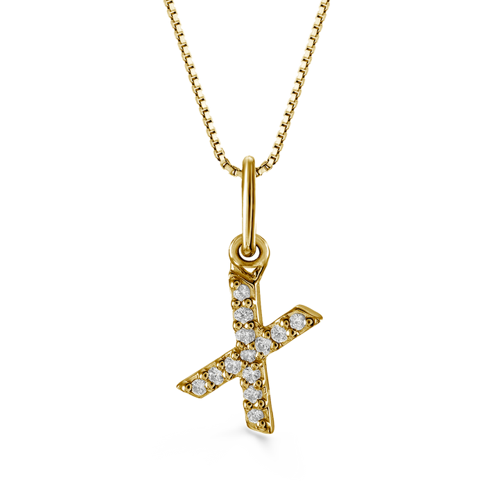 Yellow gold "X" initial pendant with 0.04CT diamonds and cable chain.