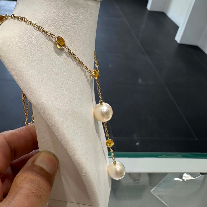 Handmade South Sea pearl necklace with 12.3mm and 11mm drop-shaped pearls, yellow sapphires, set in 14K yellow gold, custom made in Canada.