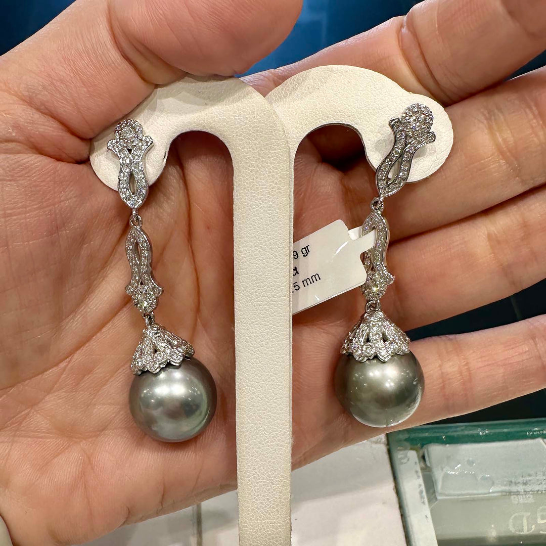 Tahitian pearl earrings with 15.5mm dark gray pearls, 18K white gold, and 1.26 ct natural diamonds.