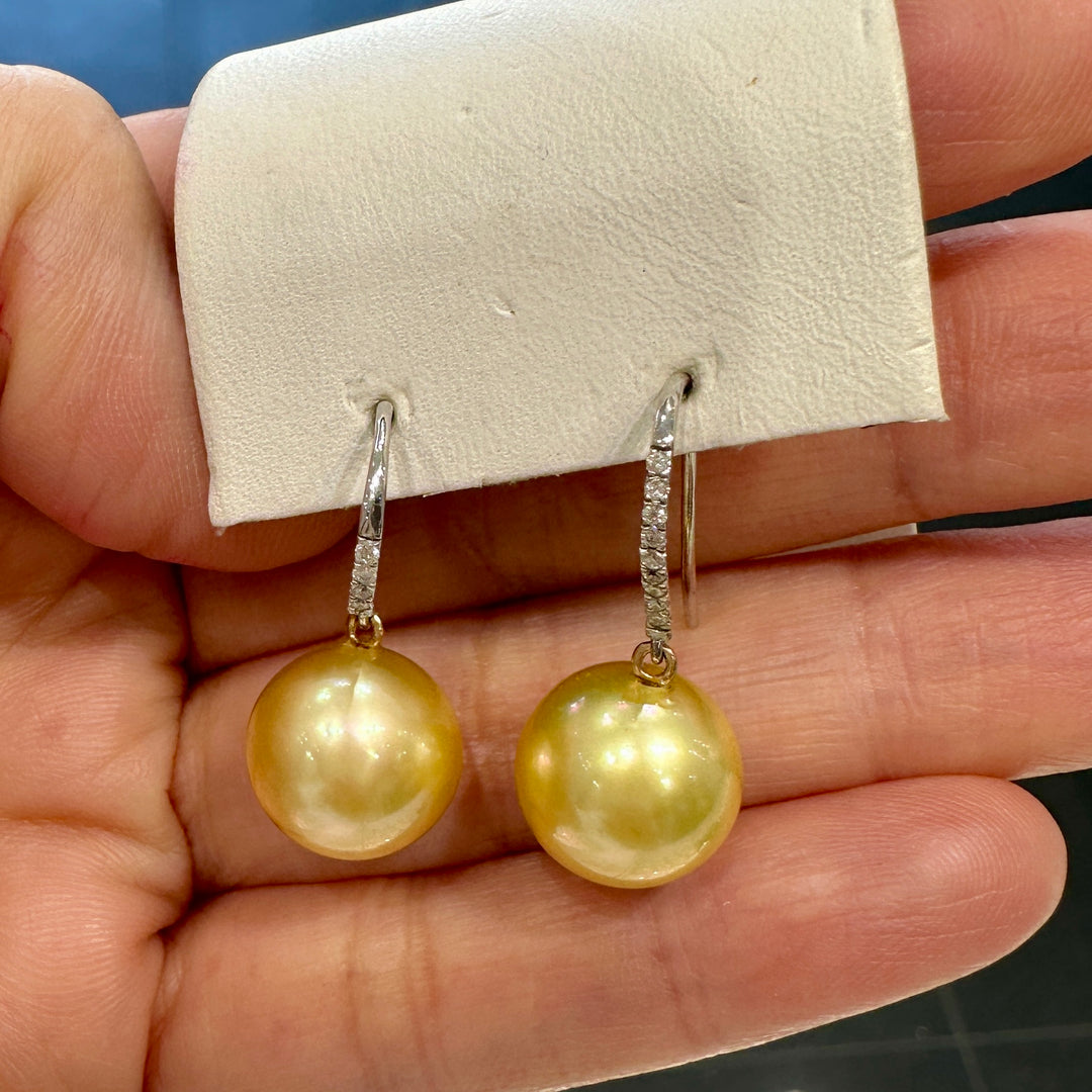 Luxurious 12mm Golden South Sea Pearl Earrings with Diamonds in 14K White Gold