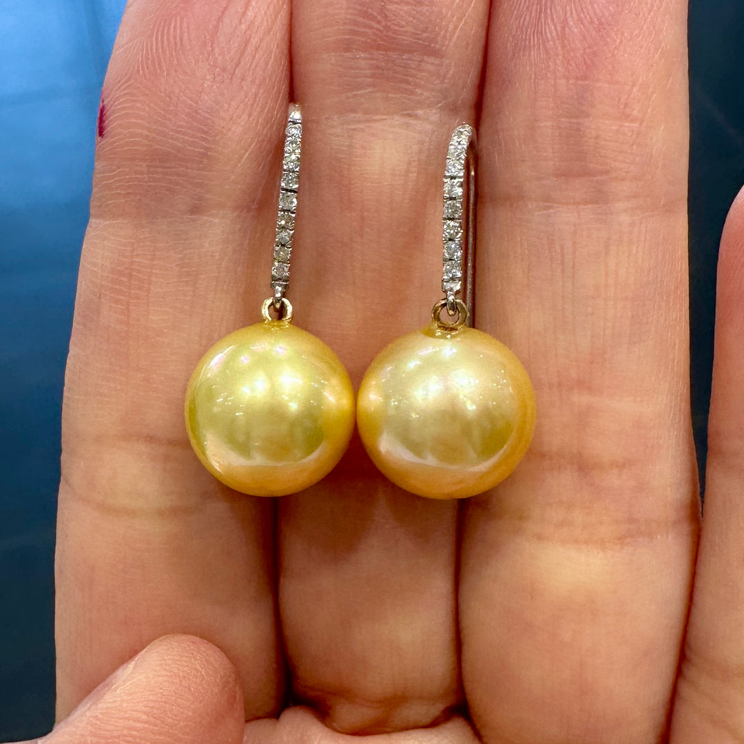 12mm round golden South Sea Pearl Earrings with diamonds in 14K white gold