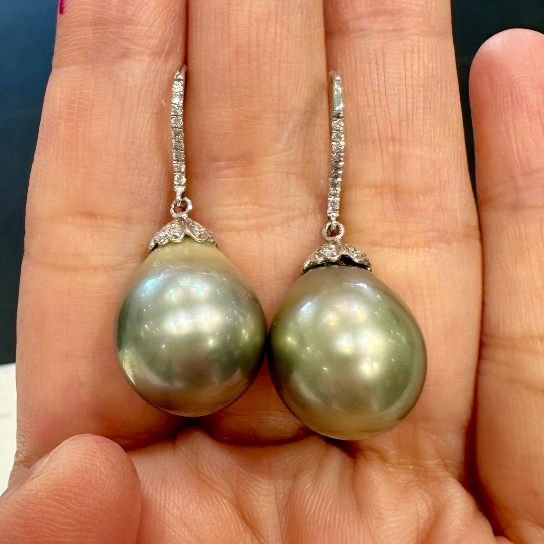 14.6mm grey-green Tahitian Pearl Earrings with diamonds in 14K white gold