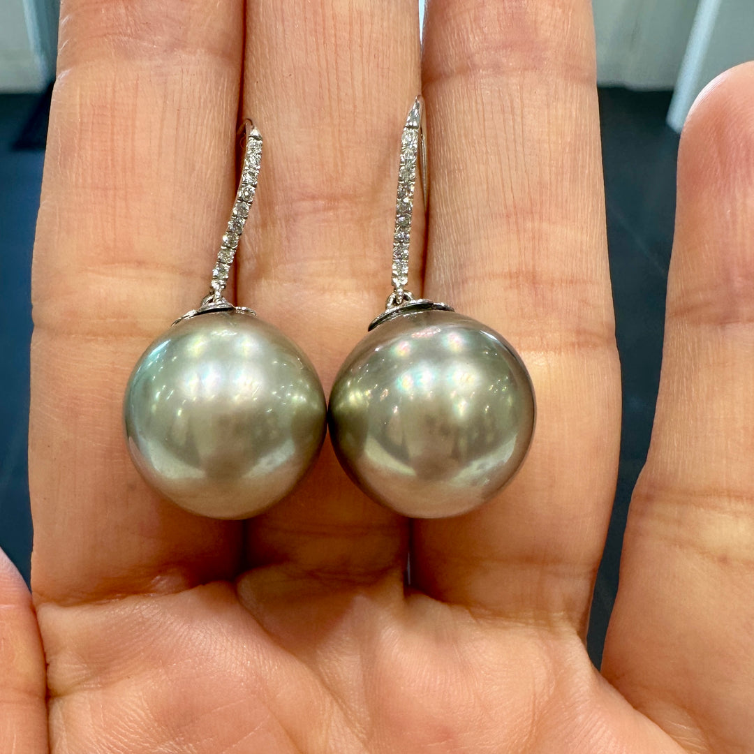 15.1mm round light gray Tahitian Pearl Earrings with diamonds in 14K white gold