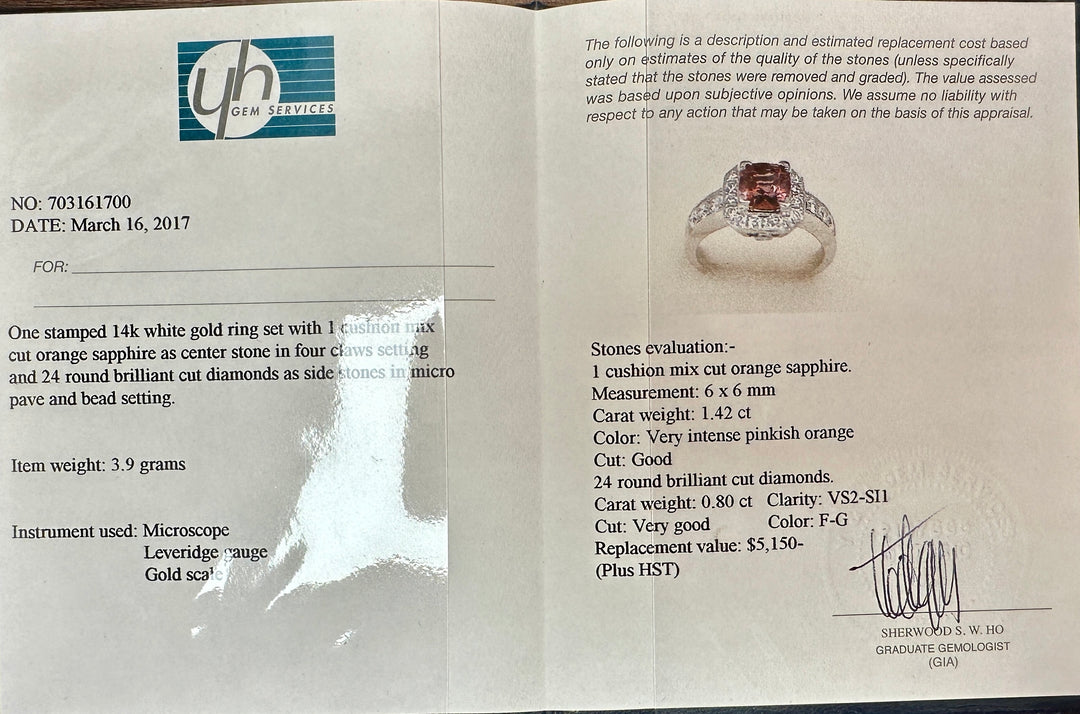 Natural Cushion Cut 1.42 ct Orange Sapphire and Diamond Ring in 14K White Gold