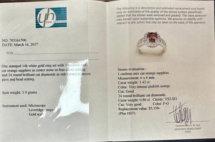 Natural Cushion Cut 1.42 ct Orange Sapphire and Diamond Ring in 14K White Gold
