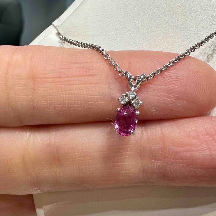 14K white gold pendant with natural pink sapphire and diamond on an 18" 14K white gold box chain, perfect for girlish September birthstone gifts.