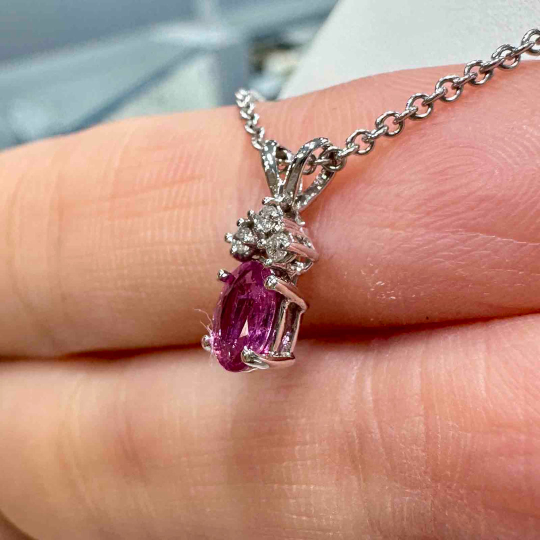 14K white gold pendant with natural pink sapphire and diamond on an 18" 14K white gold box chain, perfect for girlish September birthstone gifts.