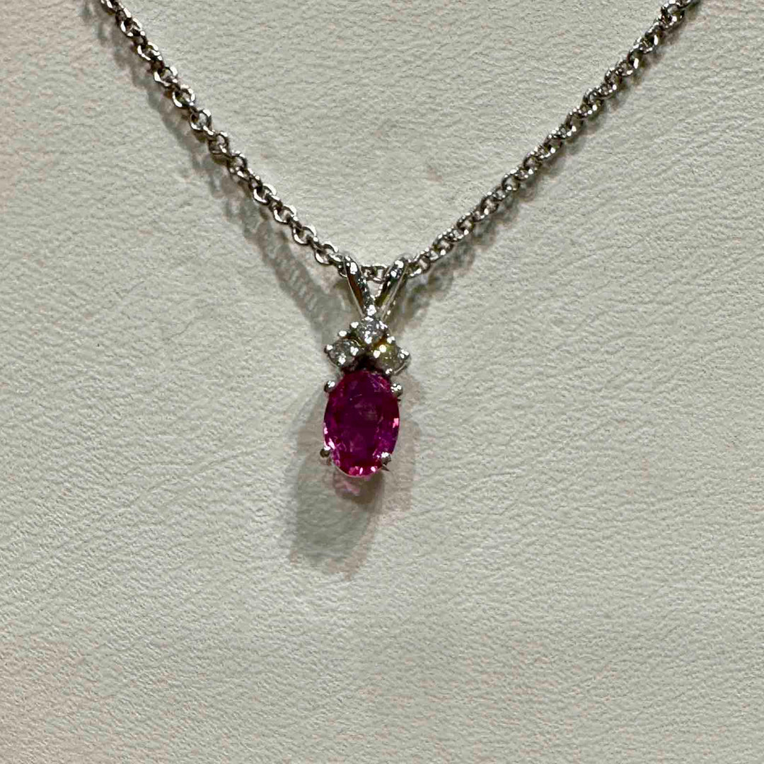 14K white gold pendant with natural pink sapphire and diamond on an 18" 14K white gold box chain, perfect for girlish September birthstone gifts.