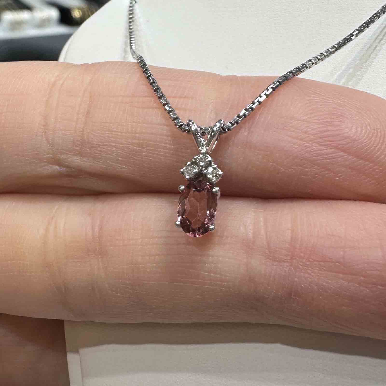 14K white gold pendant with pink tourmaline and natural diamond on an 18" 14K white gold box chain, perfect for October birthstone gifts.