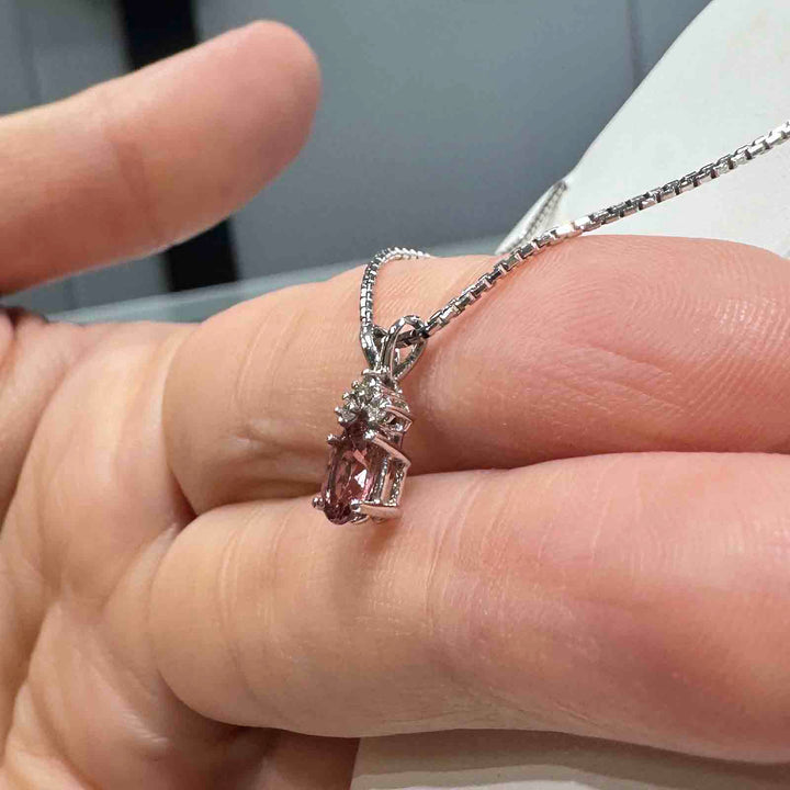 14K white gold pendant with pink tourmaline and natural diamond on an 18" 14K white gold box chain, perfect for October birthstone gifts.