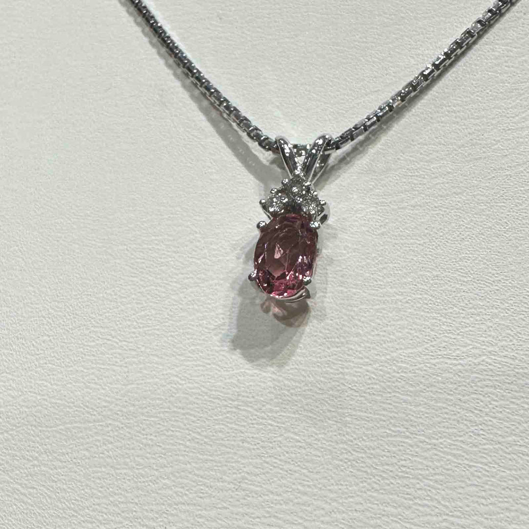 14K white gold pendant with pink tourmaline and natural diamond on an 18" 14K white gold box chain, perfect for October birthstone gifts.