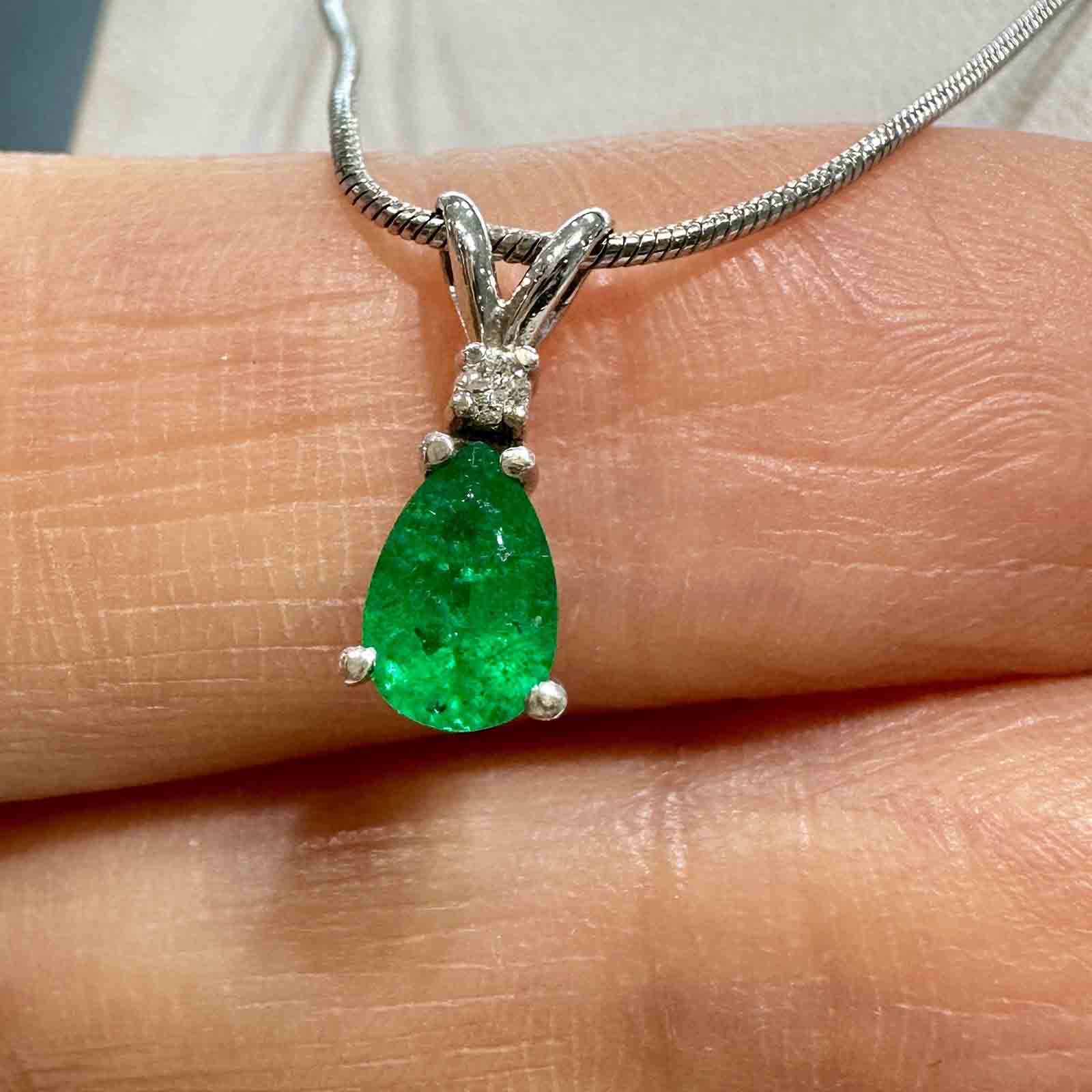 14K white gold pendant with 0.53 ct Colombian emerald and natural 0.021 ct diamond on an 18" 14K white gold box chain, perfect for May birthstone gifts.