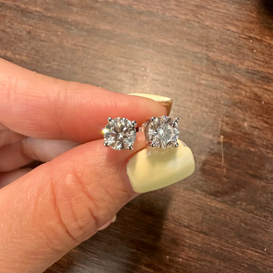 Certified round lab grown diamond stud earrings in 14K white gold 4-prong setting