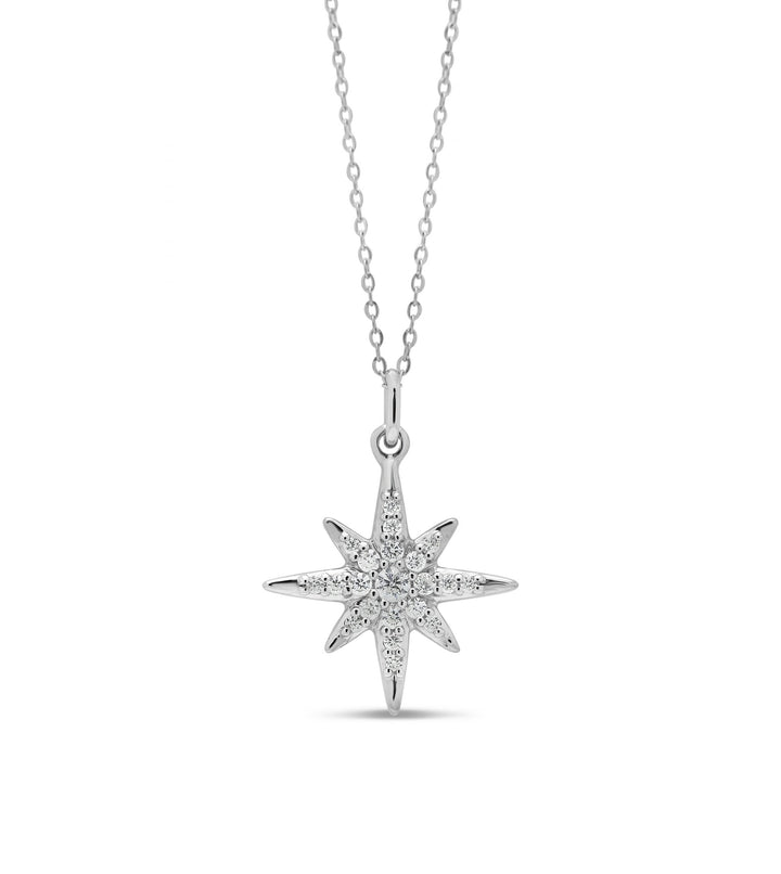 Elegant 10K white gold North Star pendant adorned with 0.10 ct of diamonds, hanging on a matching white gold chain, ideal for a touch of celestial charm.