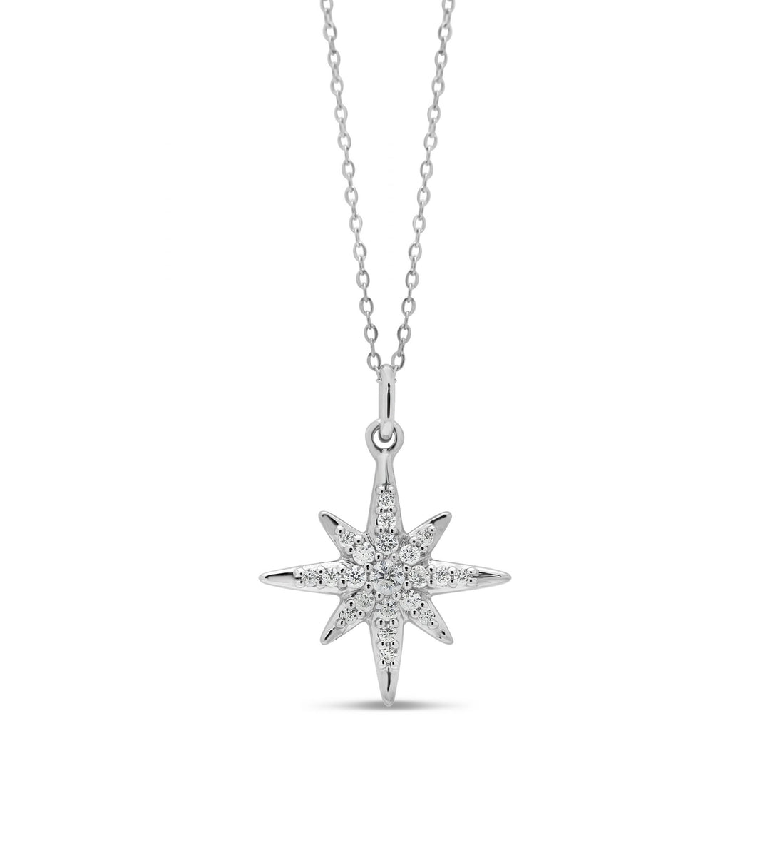 10K white gold North Star pendant necklace with 0.10CT diamonds on a delicate chain.