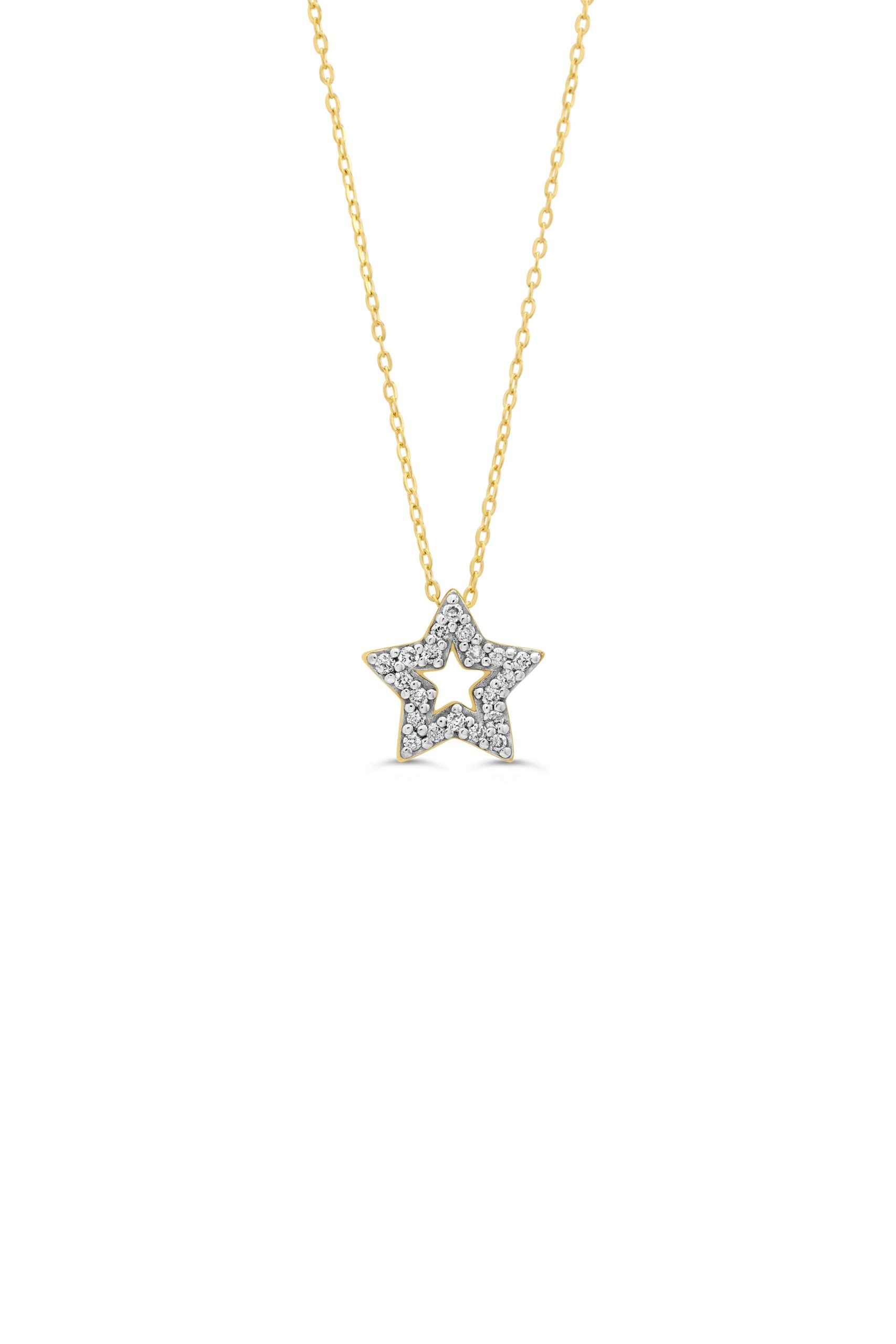 Charming 10K yellow gold star pendant encrusted with 0.05 ct of diamonds, hanging elegantly on a matching gold chain, ideal for adding a radiant touch to any ensemble.