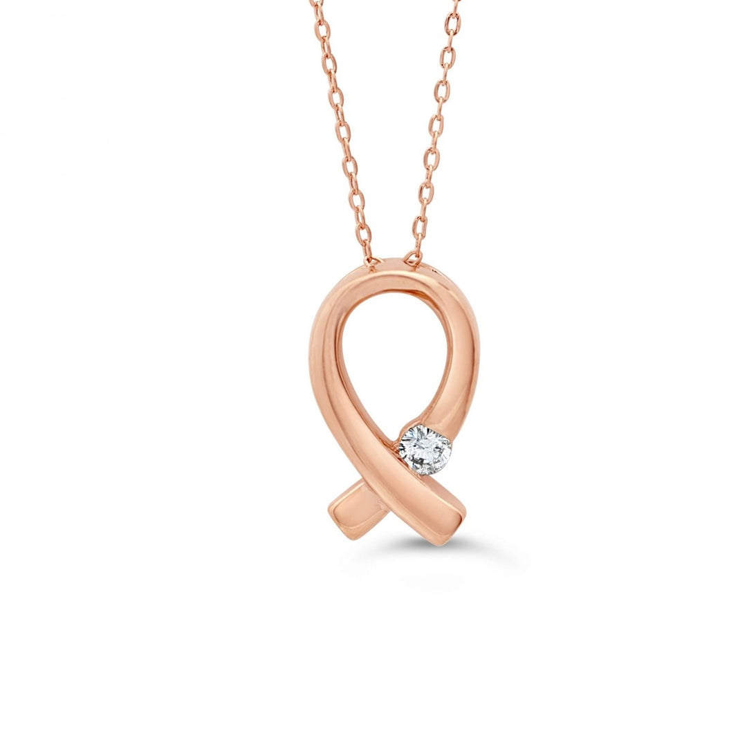 10K Rose Gold Pink Ribbon Diamond Pendant with Chain