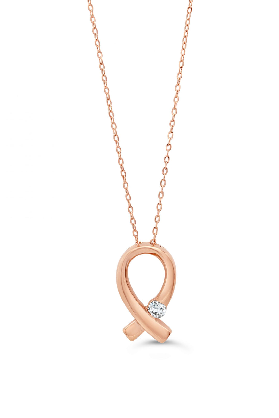 10K Rose Gold Pink Ribbon Diamond Pendant with Chain