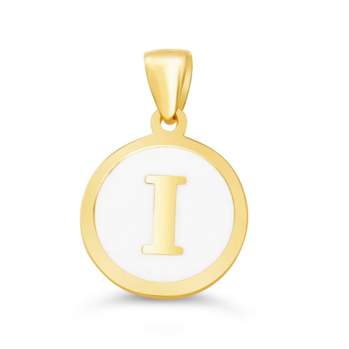 10K Gold Initial "I" Pendant with white enamel and polished gold frame.