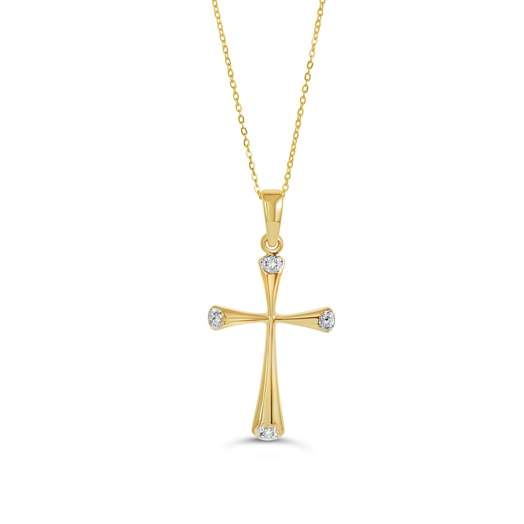 Yellow gold cross pendant necklace with four diamonds at each end of the cross on a delicate chain.