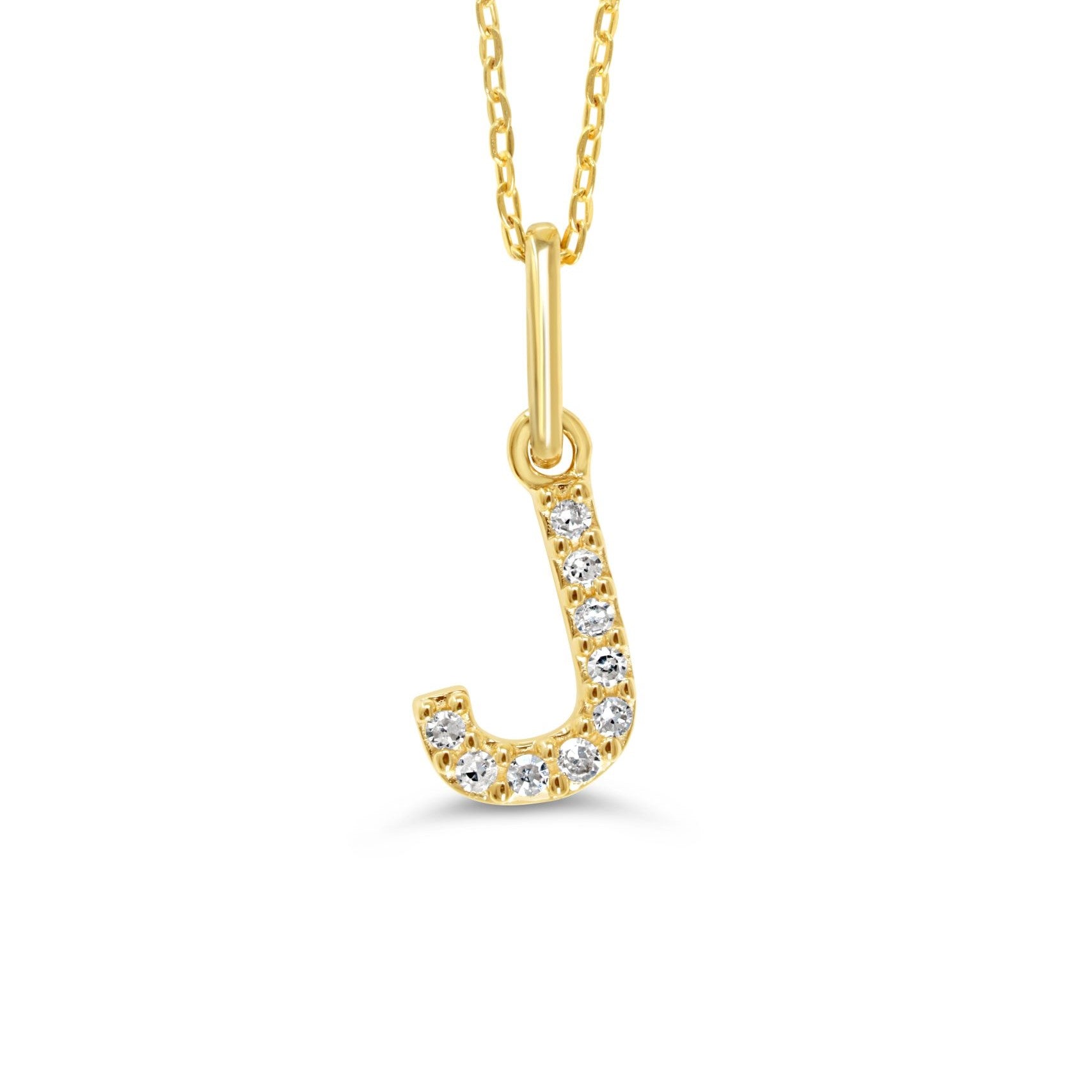 Yellow gold diamond "J" pendant necklace with 0.03CT diamonds and cable chain.