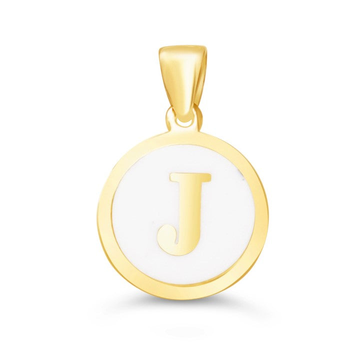 10K Gold Initial "J" Pendant with white enamel and polished gold frame.