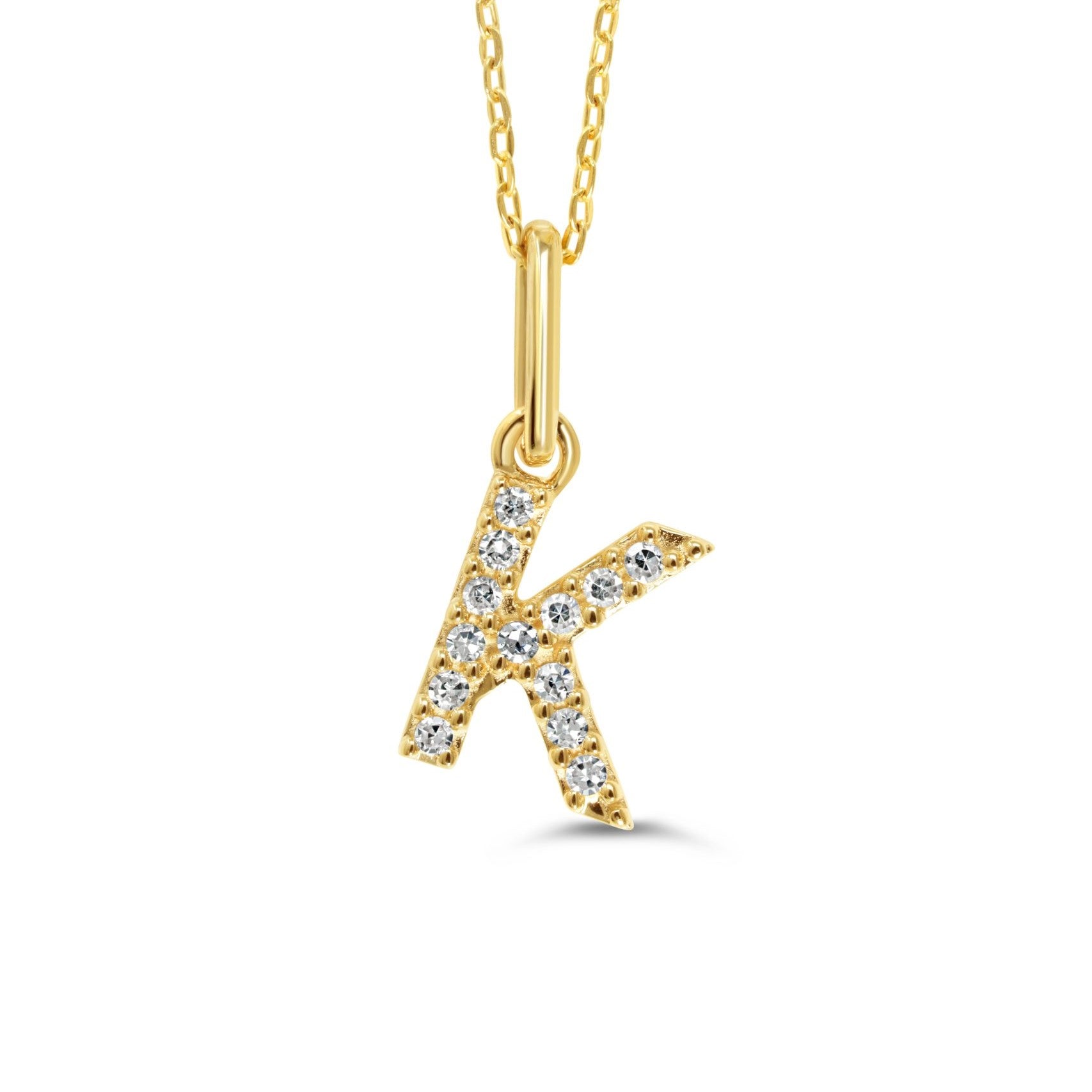 Yellow gold diamond "K" pendant necklace with 0.04CT diamonds and cable chain.