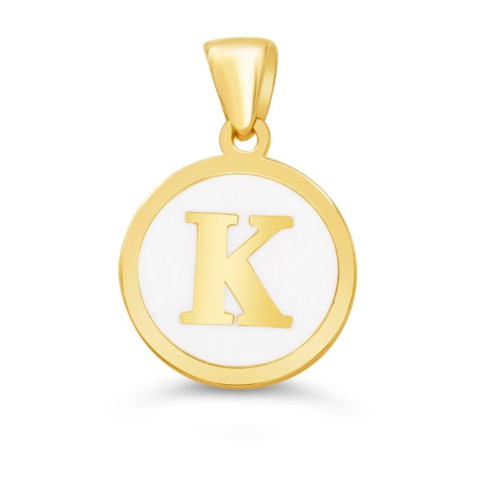 10K Gold Initial "K" Pendant with white enamel and polished gold frame.