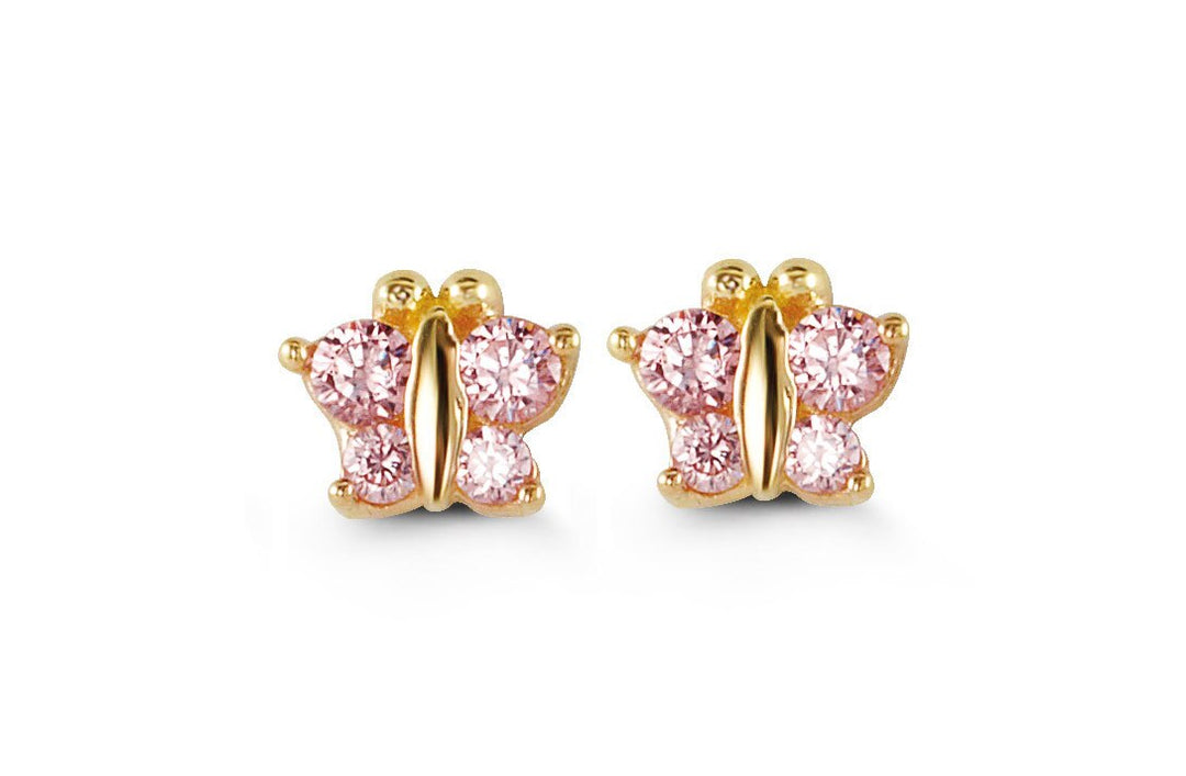 14K yellow gold baby and kids butterfly earrings with pink cubic zirconia stones, whimsical and elegant design.