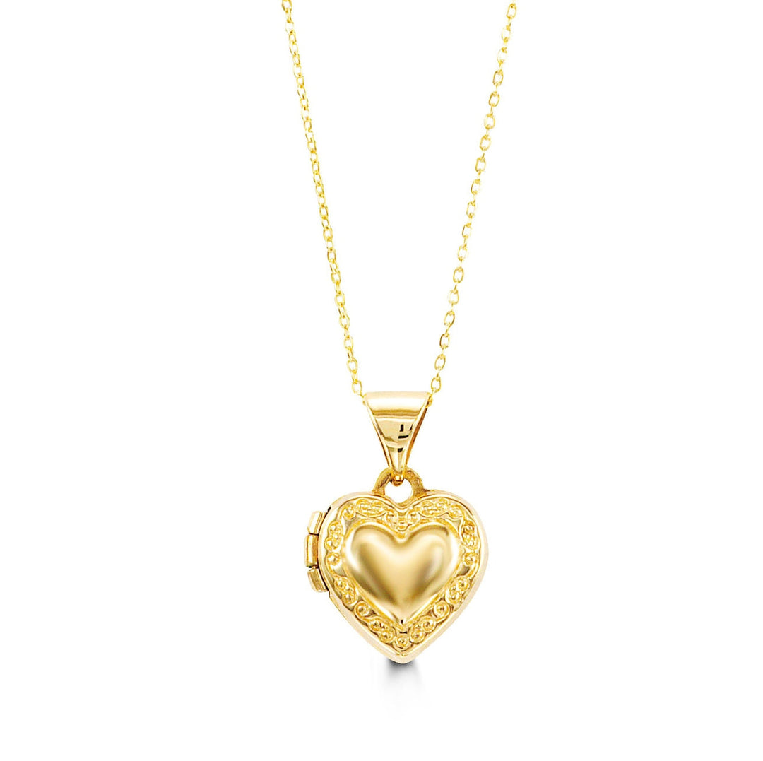 A 10K yellow gold heart locket necklace with intricate detailing and a 14-inch chain, designed for babies and kids.