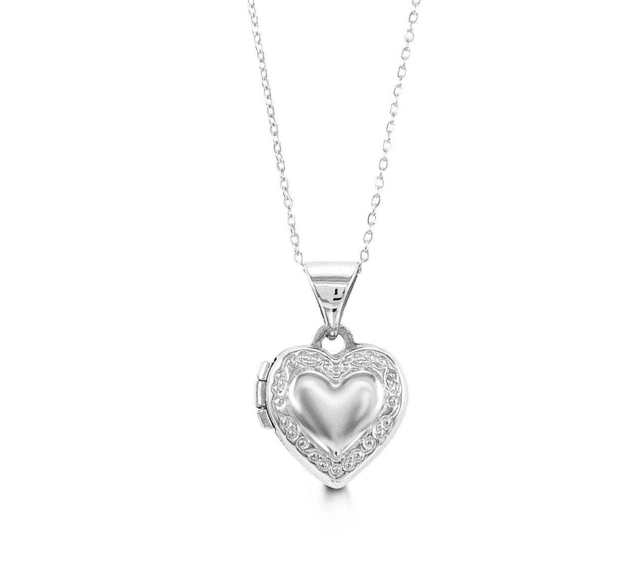 A 10K white gold heart locket necklace with intricate detailing and a 14-inch chain, designed for babies and kids.