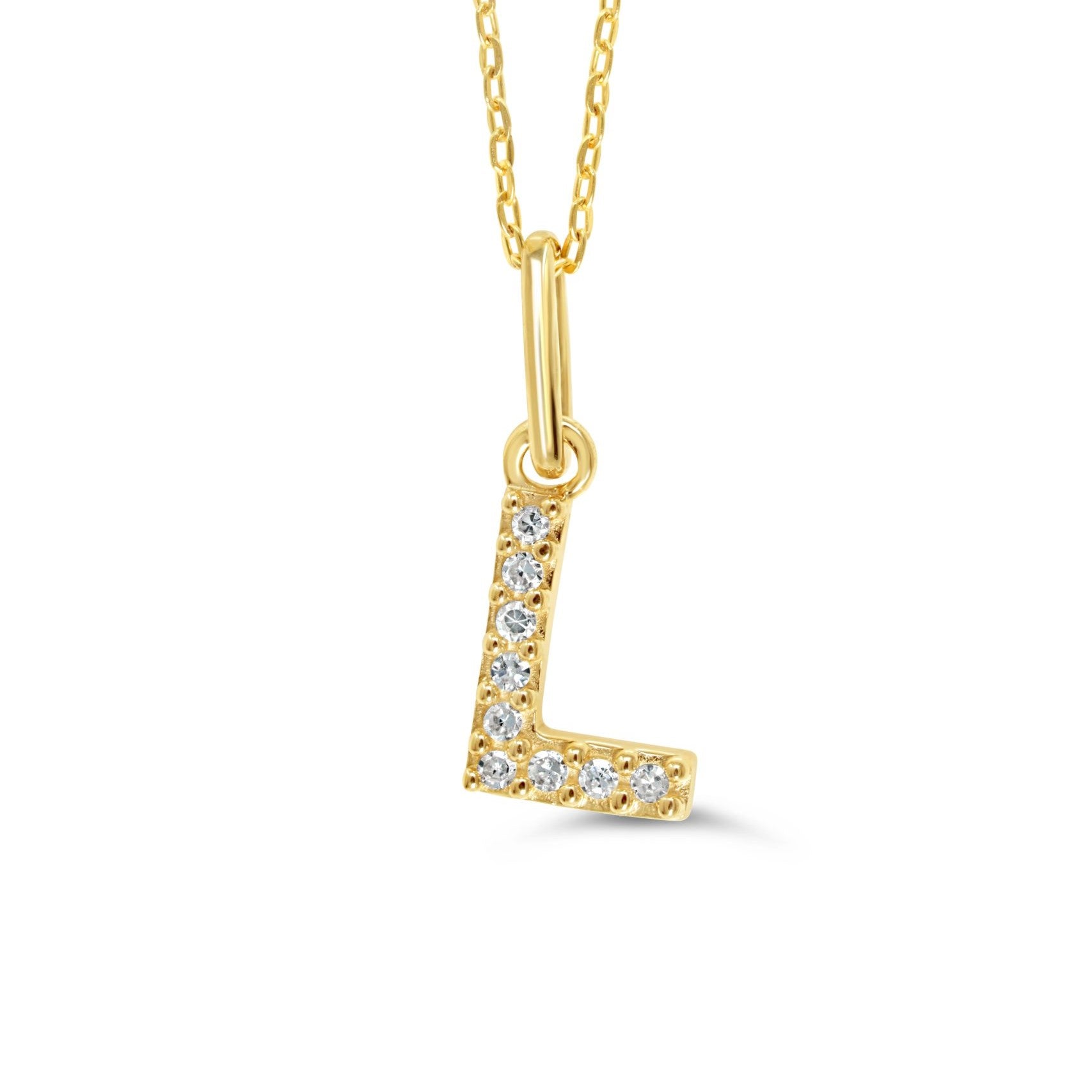 Yellow gold diamond "L" pendant necklace with 0.03CT diamonds and cable chain.