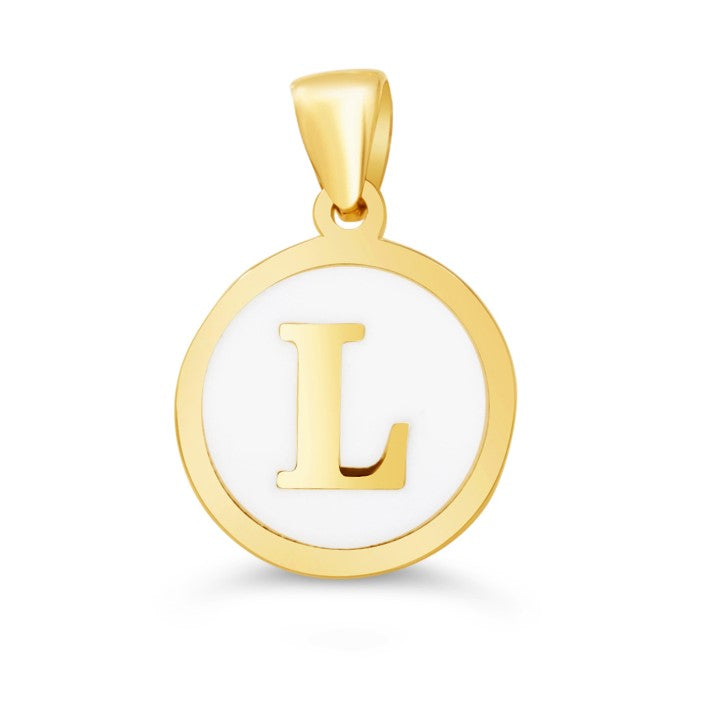 10K Gold Initial "L" Pendant with white enamel and polished gold frame.