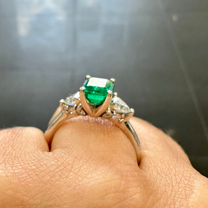 Lab-grown emerald and trillion moissanite ring in 14K white gold